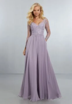 Mori Lee 21561 Illusion Long-Sleeve Bridesmaid Dress