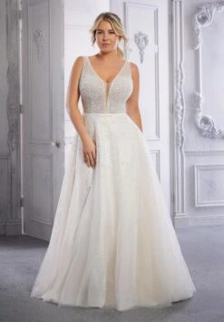 Mori Lee 3332 Crystal Plunging Neckline Beaded Plus Size Wedding Gown