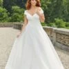 Mori Lee 3344 Essie Button Back Portrait Neck Plus Size Wedding Gown