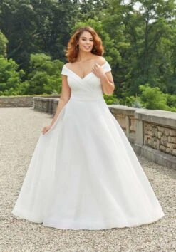 Mori Lee 3344 Essie Button Back Portrait Neck Plus Size Wedding Gown