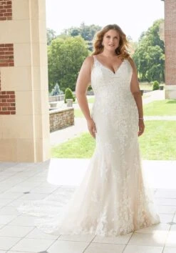 Mori Lee 3347 Esme Sheer Overskirt Petal Train Plus Size Bridal Dress