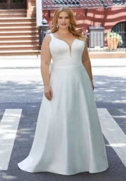 Mori Lee 3374 Harlow Bow Back Plunging Neck Plus Size Wedding Gown