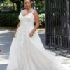 Mori Lee 3377 Haley Ruched Waist Floral Strap Plus Size Bridal Dress