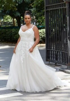 Mori Lee 3377 Haley Ruched Waist Floral Strap Plus Size Bridal Dress