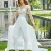 Mori Lee 6969 Drew Tulle Overskirt Lace Bodice Bridal Jumpsuit