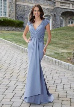 Mori Lee 72714 Floral Appliques Drape Skirt Dress