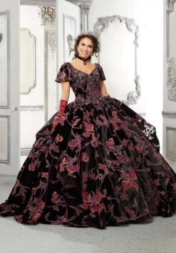 Mori Lee 89325 Floral Velvet V-Neck Quince Dress