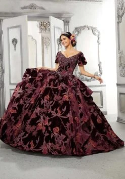 Mori Lee 89325 Floral Velvet V-Neck Quince Dress -Fashion wedding dress mori lee 89325 floral velvet v neck quince dress 03.887