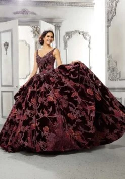 Mori Lee 89325 Floral Velvet V-Neck Quince Dress -Fashion wedding dress mori lee 89325 floral velvet v neck quince dress 05.887