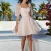Mori Lee 9593 Puff Sleeves Pleated Bodice Short Damas Dress