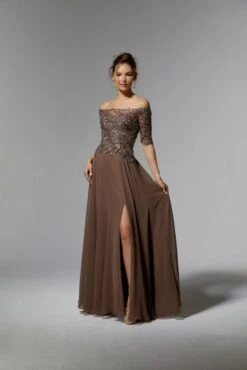 Mori Lee 72907 Illusion Sleeve High Slit Dress