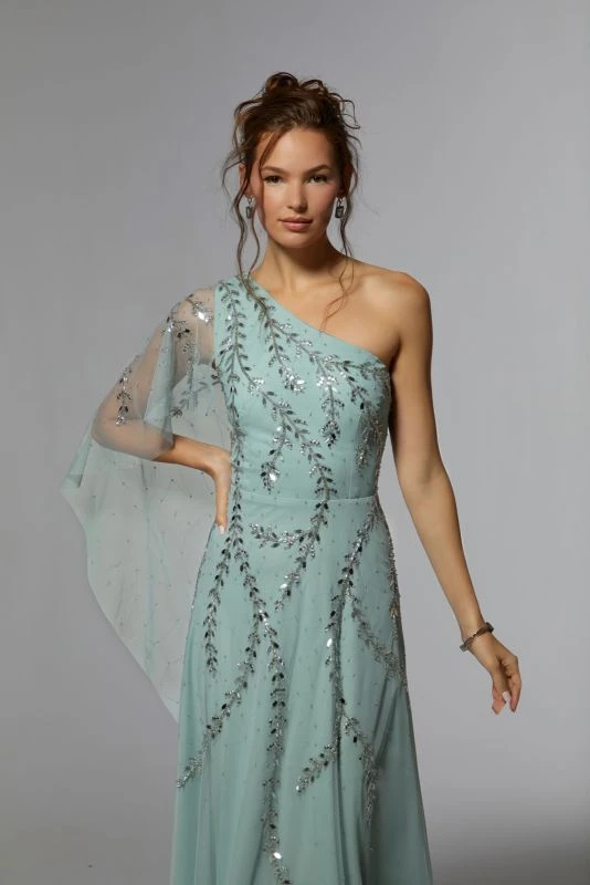 Mori Lee 72935 Asymmetric Neck Dramatic Cape Sleeve Dress 2 Mori Lee 72935 Asymmetric Neck Dramatic Cape Sleeve Dress - Image 2